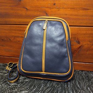 Valentina Genuine Italian Leather Backpack, Convertible Straps, Navy/Tan Trim.